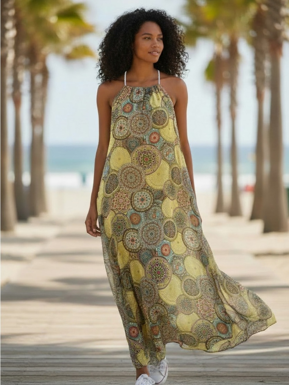 Boho Maxi Dress in Yellow Medallion Print